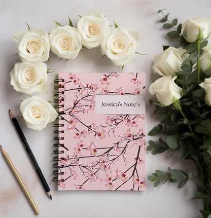 Personalised Notebook, Cherry blossom notebook, Notepad Wire bound Soft backed, Spiral Notebook, Christmas Gifts,  A4 or A5