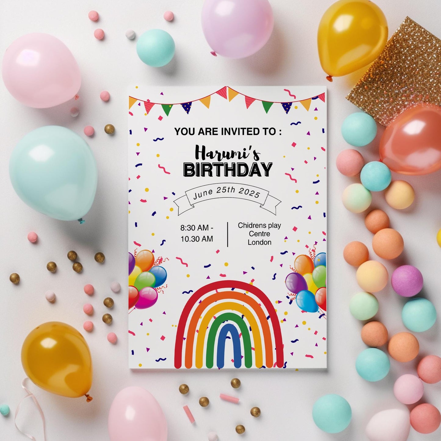 Rainbow birthday party invitations,  pastel colour  12 personalised invitations  includes envelopes