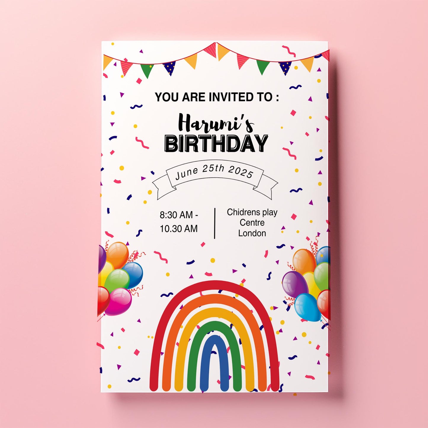 Rainbow birthday party invitations,  pastel colour  12 personalised invitations  includes envelopes