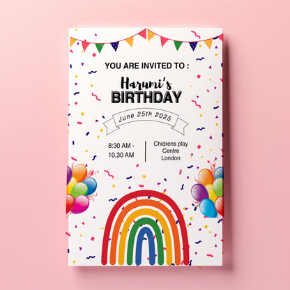 Rainbow birthday party invitations,  pastel colour  12 personalised invitations  includes envelopes