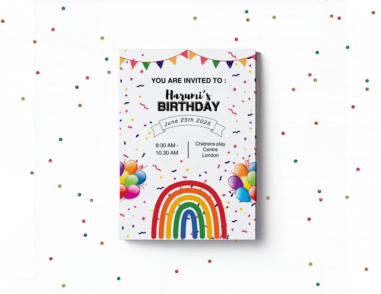 Rainbow birthday party invitations,  pastel colour  12 personalised invitations  includes envelopes