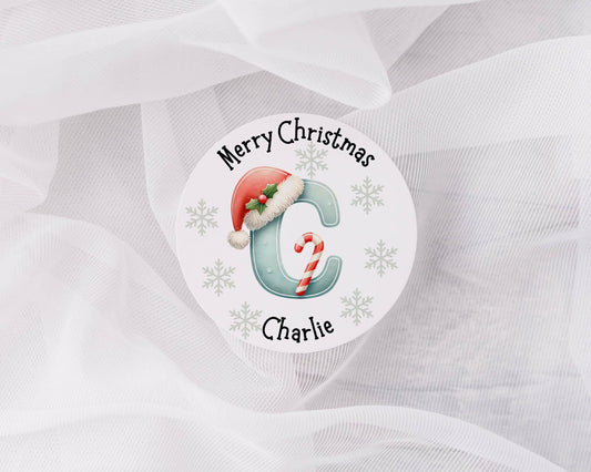 Personalised name Christmas Stickers, classic Christmas Labels, Christmas Gift Labels, Santa hat  Initial Stickers, Envelope Seals