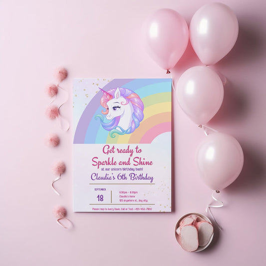 Unicorn party invitations, rainbow invitations, pastel colours, personalised invitations