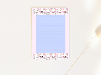 A6 Cute Cat Notepad, Kawaii White Kitten Memo Pad with Bow Tie, Pastel Stationery for Notes, Lists, Journaling & Gifting