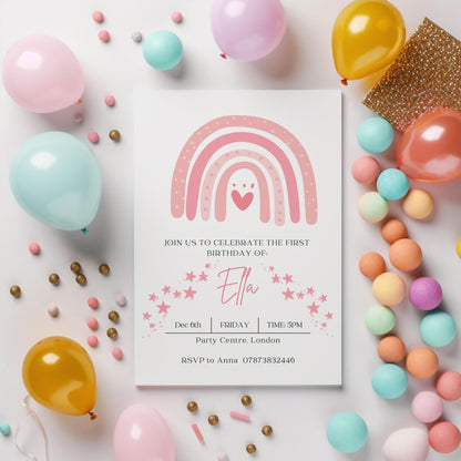 Rainbow birthday party invitations,  pastel colour  12 personalised invitations  includes envelopes, Personalised invites
