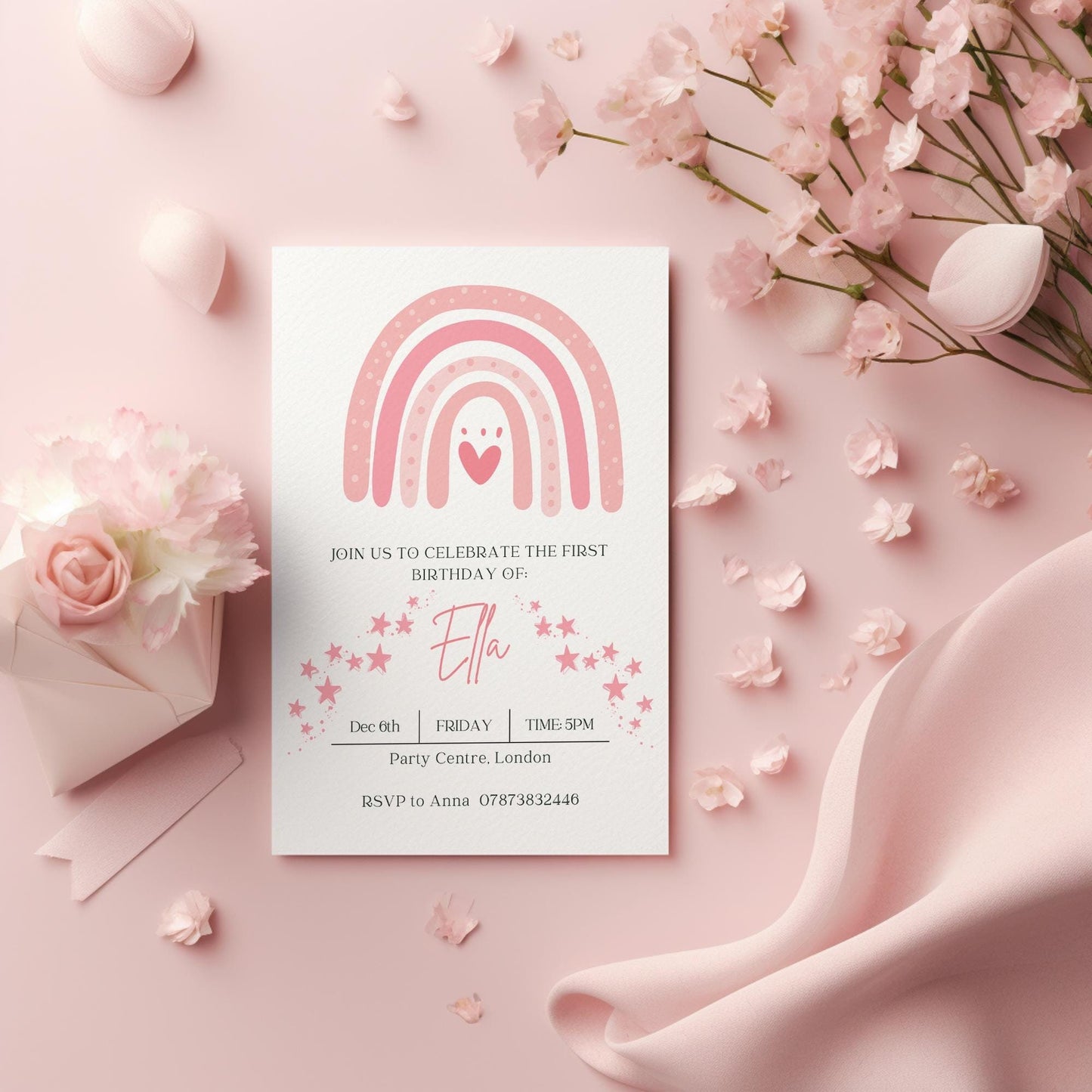 Rainbow birthday party invitations,  pastel colour  12 personalised invitations  includes envelopes, Personalised invites