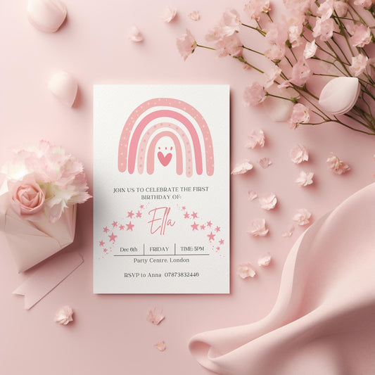 Rainbow birthday party invitations,  pastel colour  12 personalised invitations  includes envelopes, Personalised invites