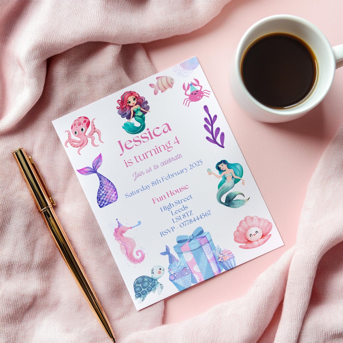 Mermaid birthday party invitations,  pastel colour  12 personalised invitations  includes envelopes