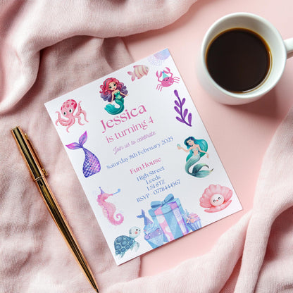 Mermaid birthday party invitations,  pastel colour  12 personalised invitations  includes envelopes