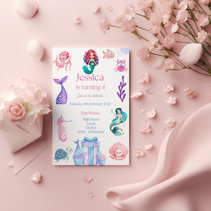 Mermaid birthday party invitations,  pastel colour  12 personalised invitations  includes envelopes