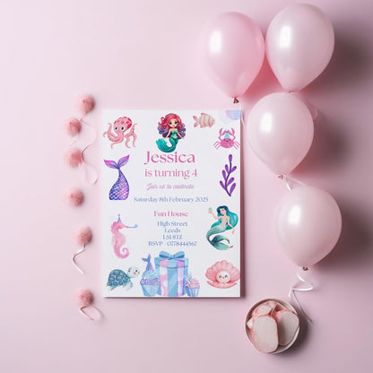 Mermaid birthday party invitations,  pastel colour  12 personalised invitations  includes envelopes