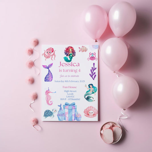 Mermaid birthday party invitations,  pastel colour  12 personalised invitations  includes envelopes