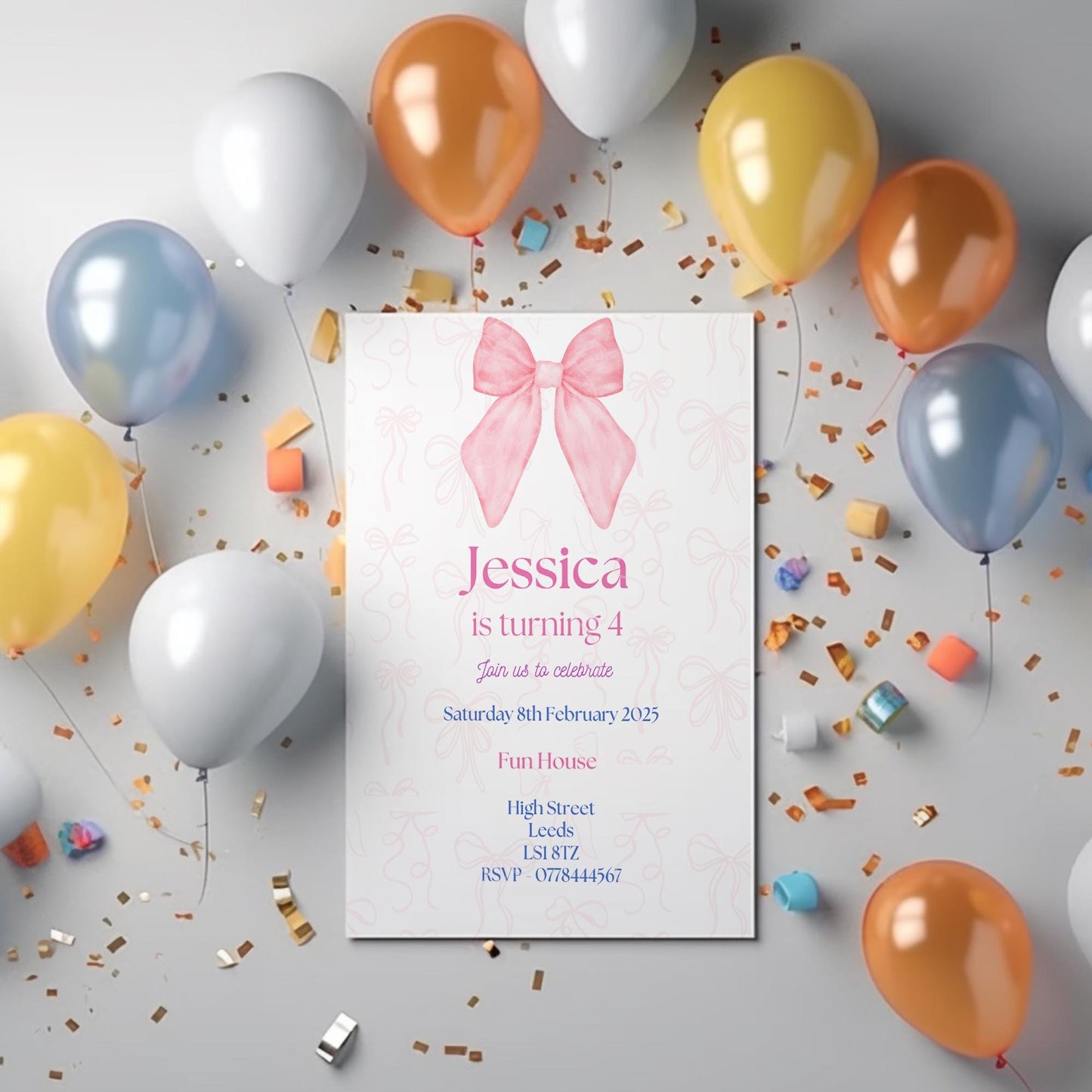 Bow birthday party invitations,  pastel colour  12 personalised invitations  includes envelopes