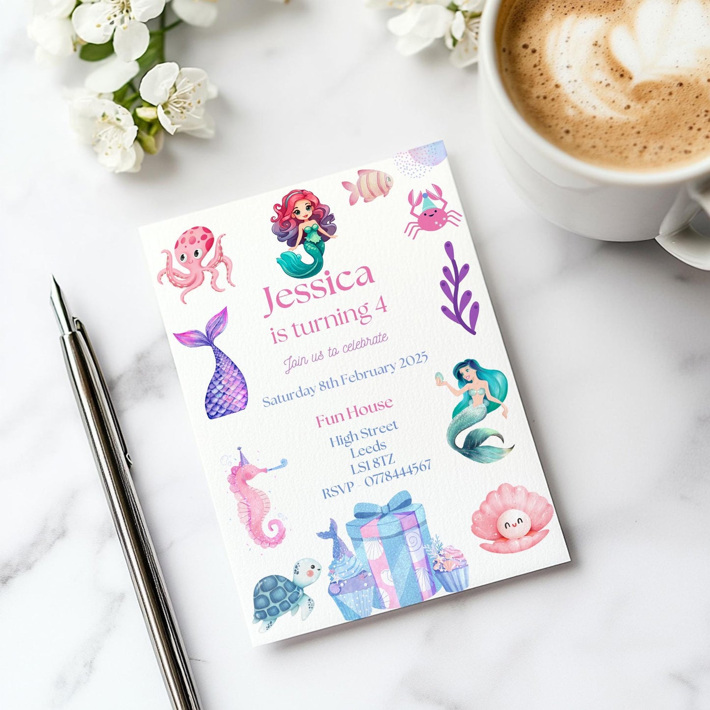 Mermaid birthday party invitations,  pastel colour  12 personalised invitations  includes envelopes