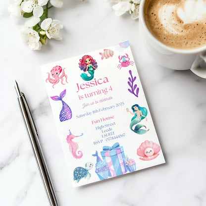 Mermaid birthday party invitations,  pastel colour  12 personalised invitations  includes envelopes