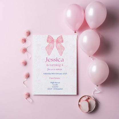 Bow birthday party invitations,  pastel colour  12 personalised invitations  includes envelopes