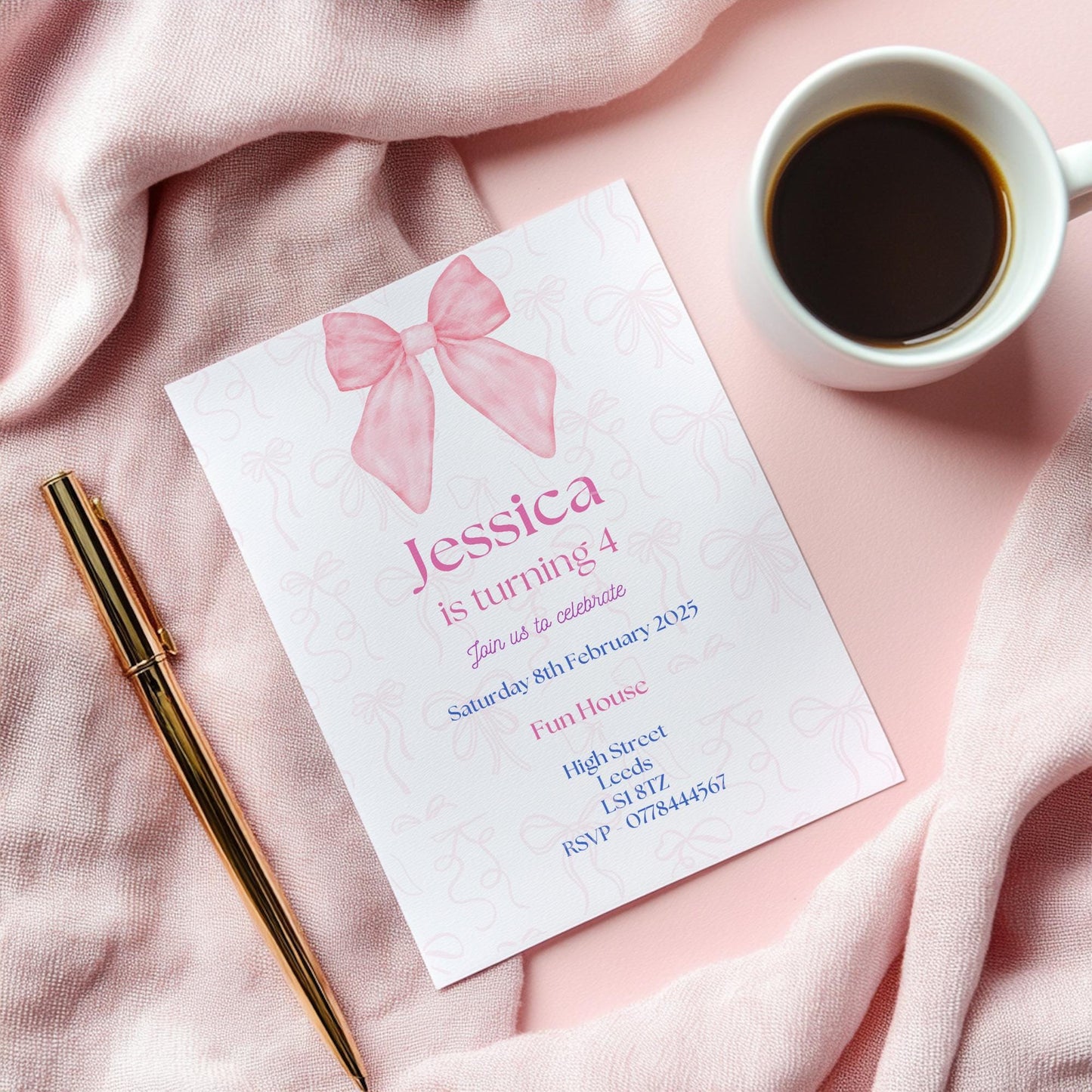 Bow birthday party invitations,  pastel colour  12 personalised invitations  includes envelopes