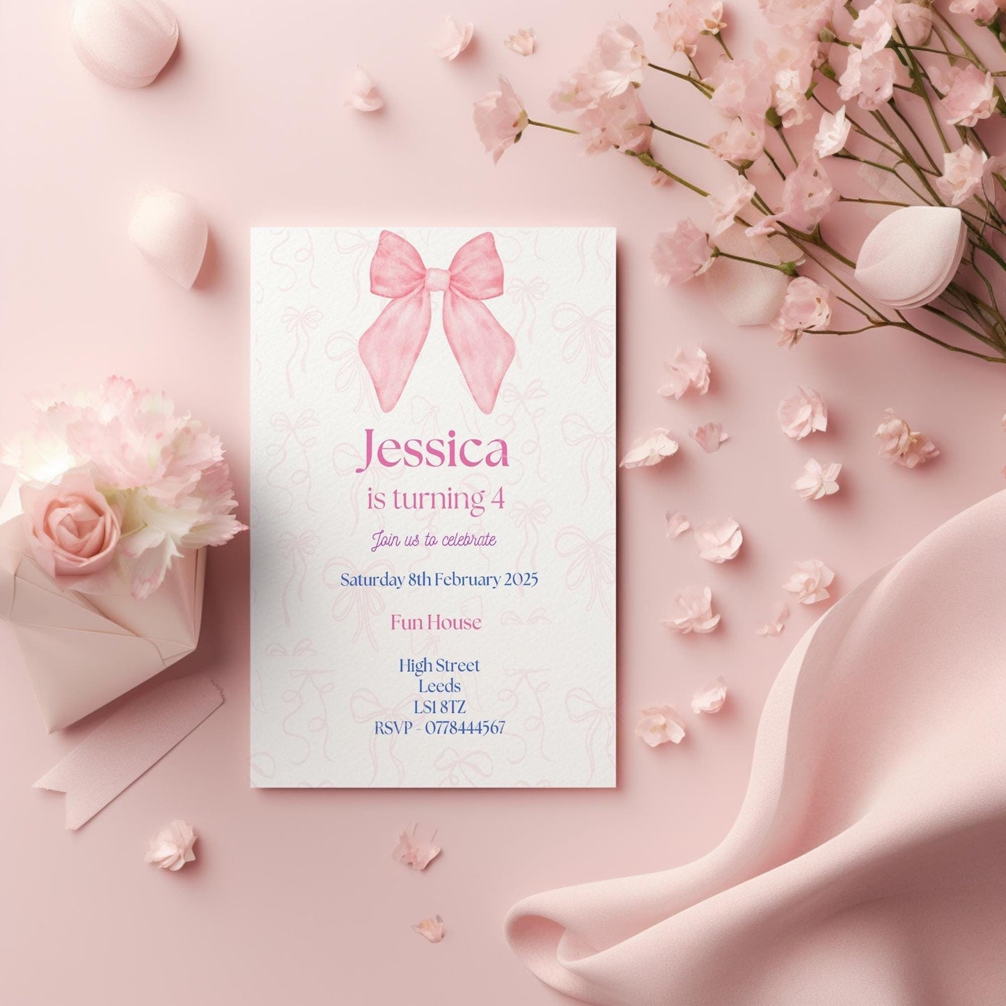 Bow birthday party invitations,  pastel colour  12 personalised invitations  includes envelopes