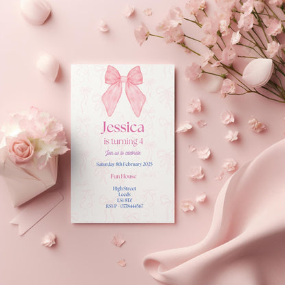 Bow birthday party invitations,  pastel colour  12 personalised invitations  includes envelopes