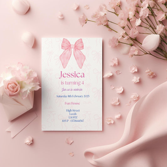Bow birthday party invitations,  pastel colour  12 personalised invitations  includes envelopes