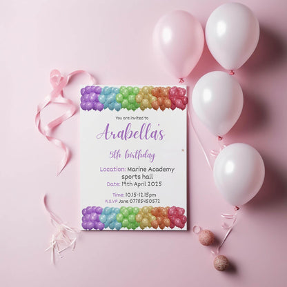 Personalised Rainbow Balloon birthday party invitations,  pastel colour  12 personalised invitations  includes envelopes