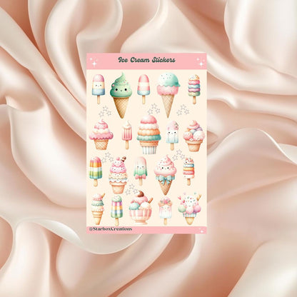 Cute Ice Cream Planner Sticker Sheet for Journaling, Scrapbooking, Bullet Journal and Stationery Lovers, gloss paper