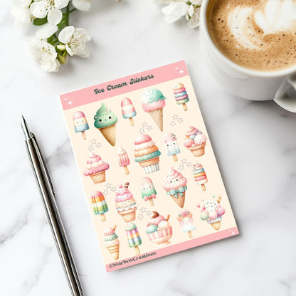 Cute Ice Cream Planner Sticker Sheet for Journaling, Scrapbooking, Bullet Journal and Stationery Lovers, gloss paper