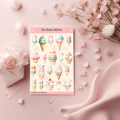 Cute Ice Cream Planner Sticker Sheet for Journaling, Scrapbooking, Bullet Journal and Stationery Lovers, gloss paper