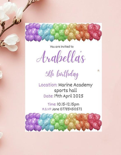 Personalised Rainbow Balloon birthday party invitations,  pastel colour  12 personalised invitations  includes envelopes