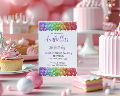 Personalised Rainbow Balloon birthday party invitations,  pastel colour  12 personalised invitations  includes envelopes