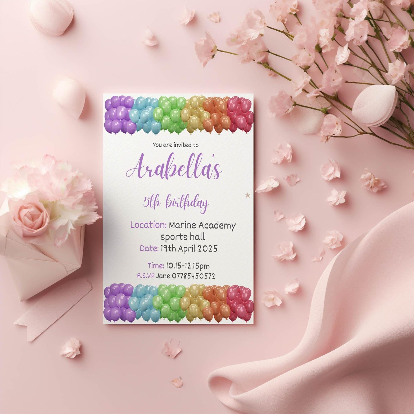 Personalised Rainbow Balloon birthday party invitations,  pastel colour  12 personalised invitations  includes envelopes