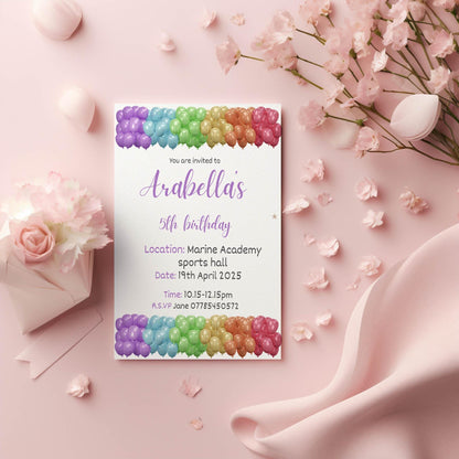 Personalised Rainbow Balloon birthday party invitations,  pastel colour  12 personalised invitations  includes envelopes