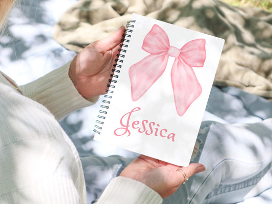 Personalised Notebook,  Notepad Wire bound Soft backed, pink bow Spiral Notebook, gifts for her, Gifts for him. A4 or A5, mothers day gift