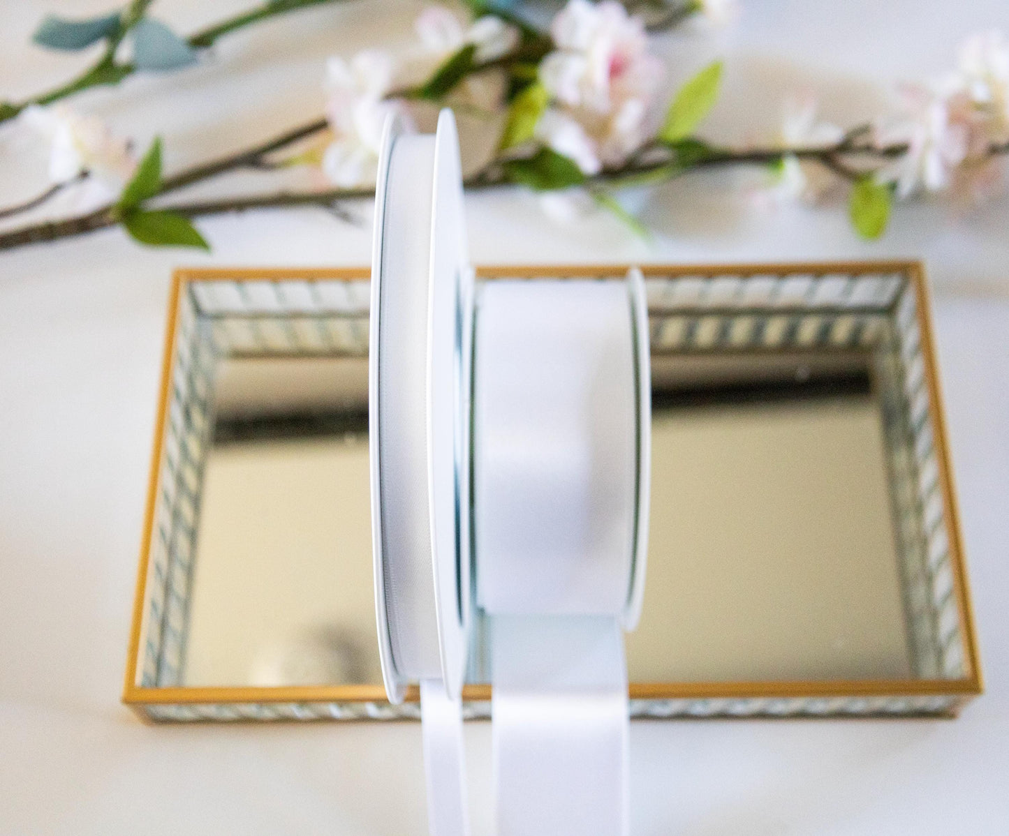 White ribbon, Berisford ribbon, Double sided Satin, RECYCLED eco friendly trim, weddings, Christmas, anniversary gifts, White No 1, 7 widths