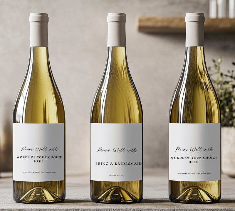 Pairs Well With Getting Engaged, Bridesmaid Maid of Honour,  Wine Champagne Prosecco Label Sticker Wedding Favours, words of your choice