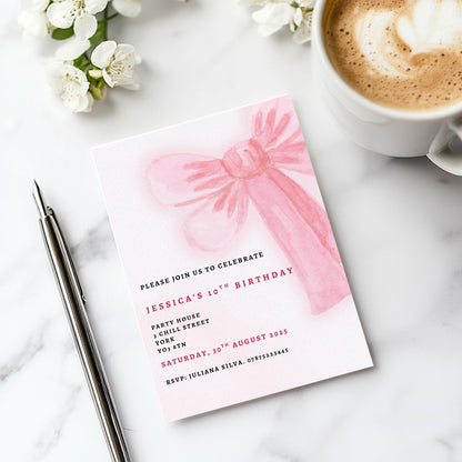 birthday party invitations,   Bow Birthday Party Invites, pastel colour  12 personalised invitations  includes envelopes Bow Design
