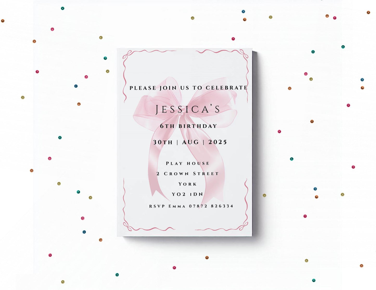 Bow Invitation, Birthday Invitation, party invite, dinner party, pink bow, girl birthday invite, sweet 16, includes Envelopes