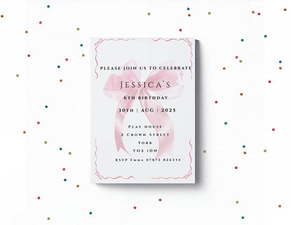Bow Invitation, Birthday Invitation, party invite, dinner party, pink bow, girl birthday invite, sweet 16, includes Envelopes