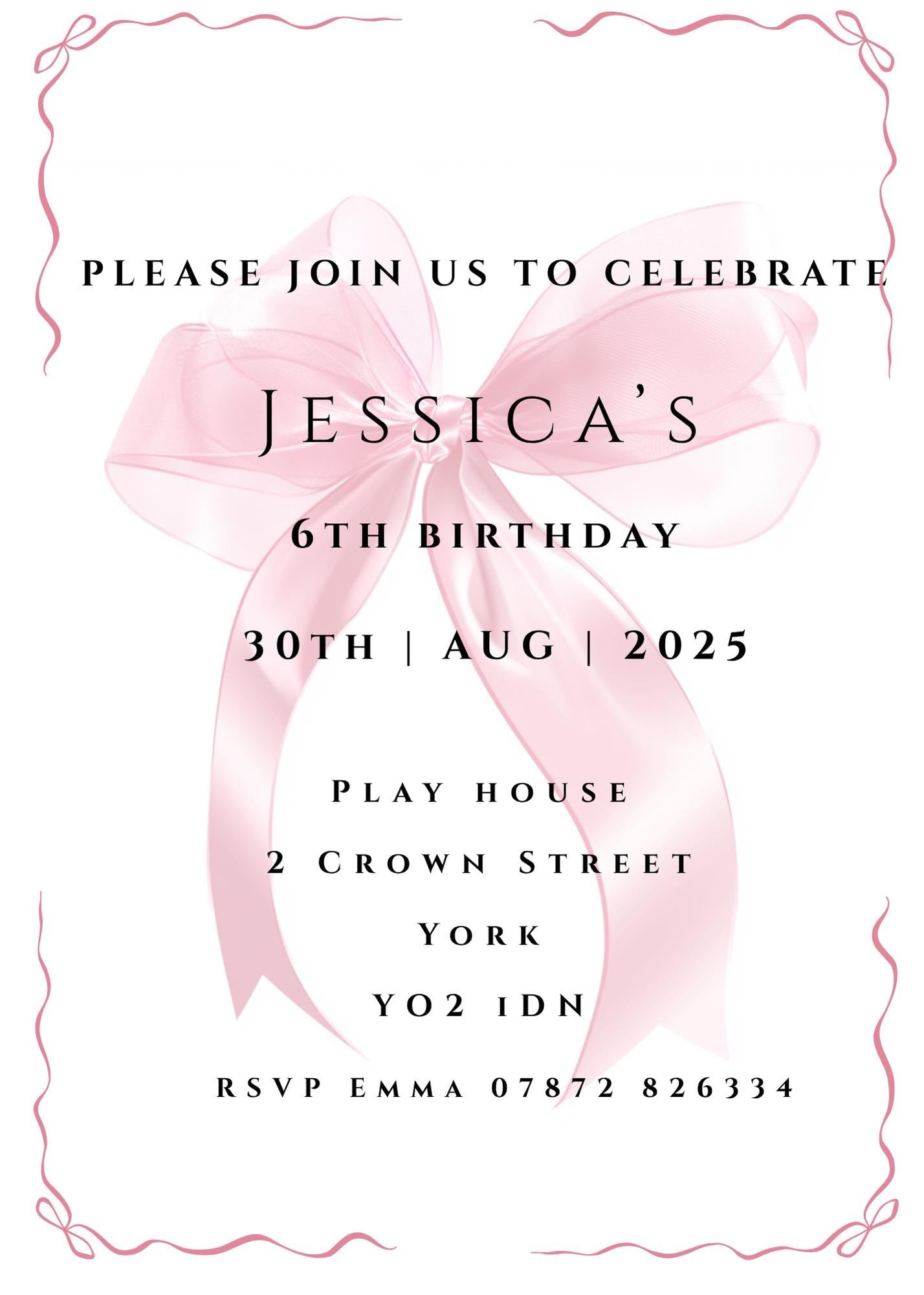 Bow Invitation, Birthday Invitation, party invite, dinner party, pink bow, girl birthday invite, sweet 16, includes Envelopes