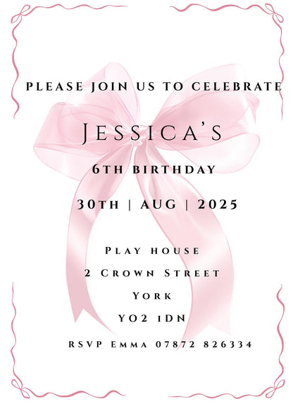 Bow Invitation, Birthday Invitation, party invite, dinner party, pink bow, girl birthday invite, sweet 16, includes Envelopes