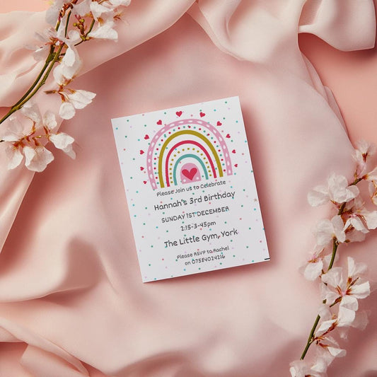 Rainbow party invitations,  pastel colour  12 personalised invitations  includes envelopes, kids rainbow party invites.