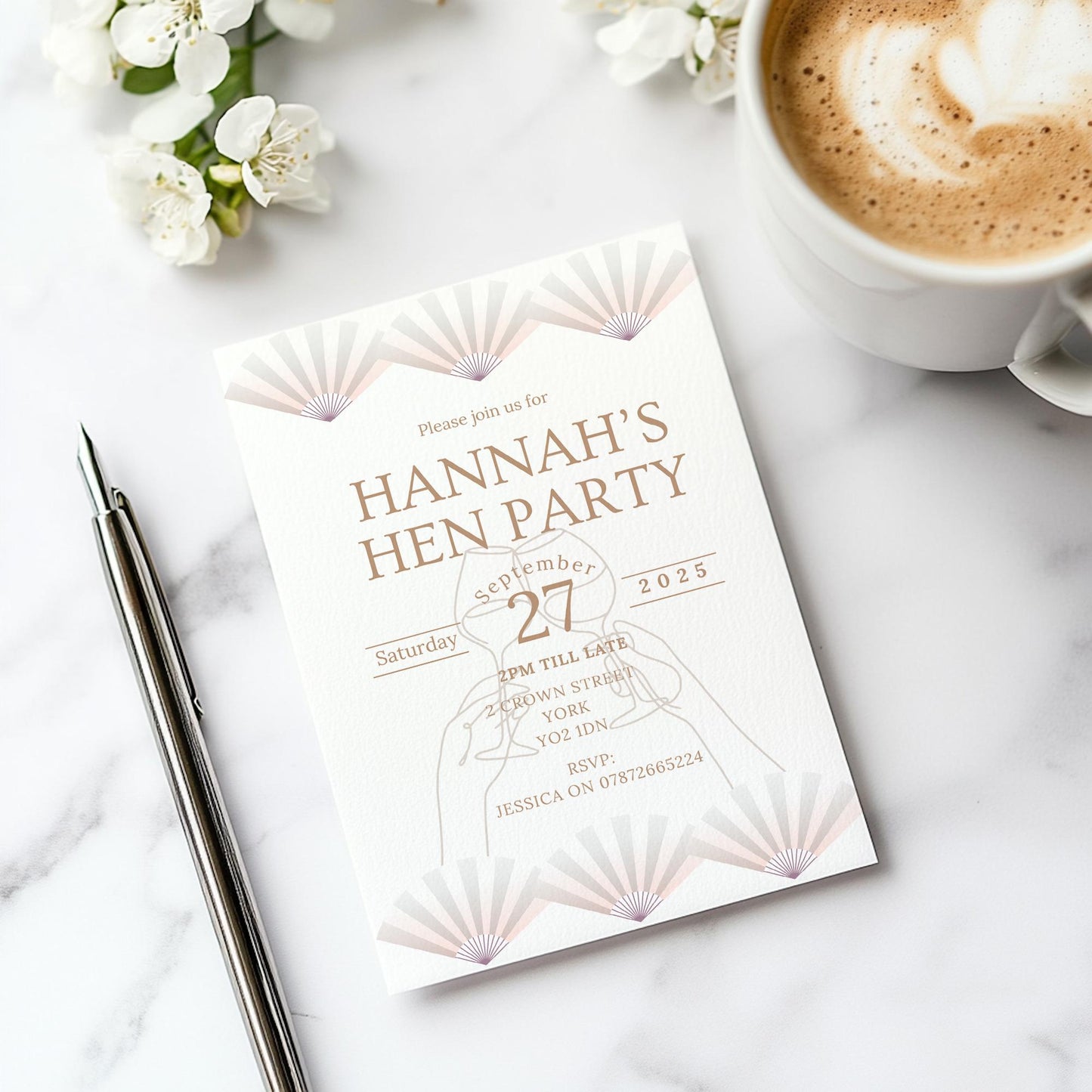 Elegant Blush Hen Party Invitation, Bridal Shower Invite, Bridal Shower invite, hen party/Bridal Shower  Envelopes included. PK12