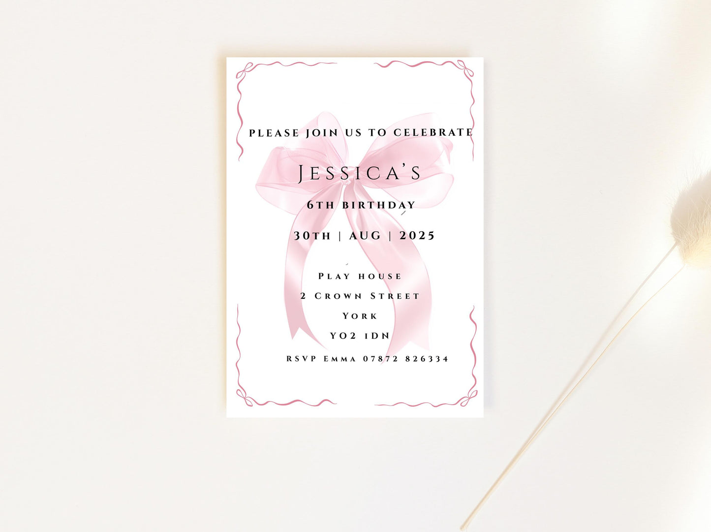 Bow Invitation, Birthday Invitation, party invite, dinner party, pink bow, girl birthday invite, sweet 16, includes Envelopes