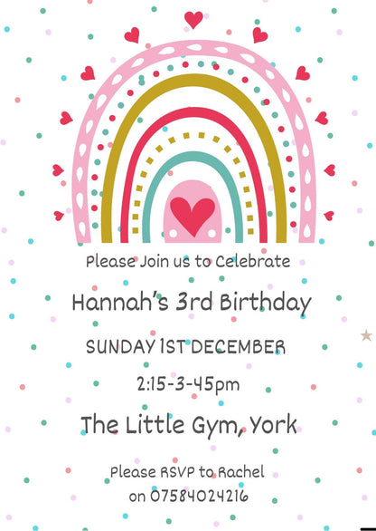 Rainbow party invitations,  pastel colour  12 personalised invitations  includes envelopes, kids rainbow party invites.