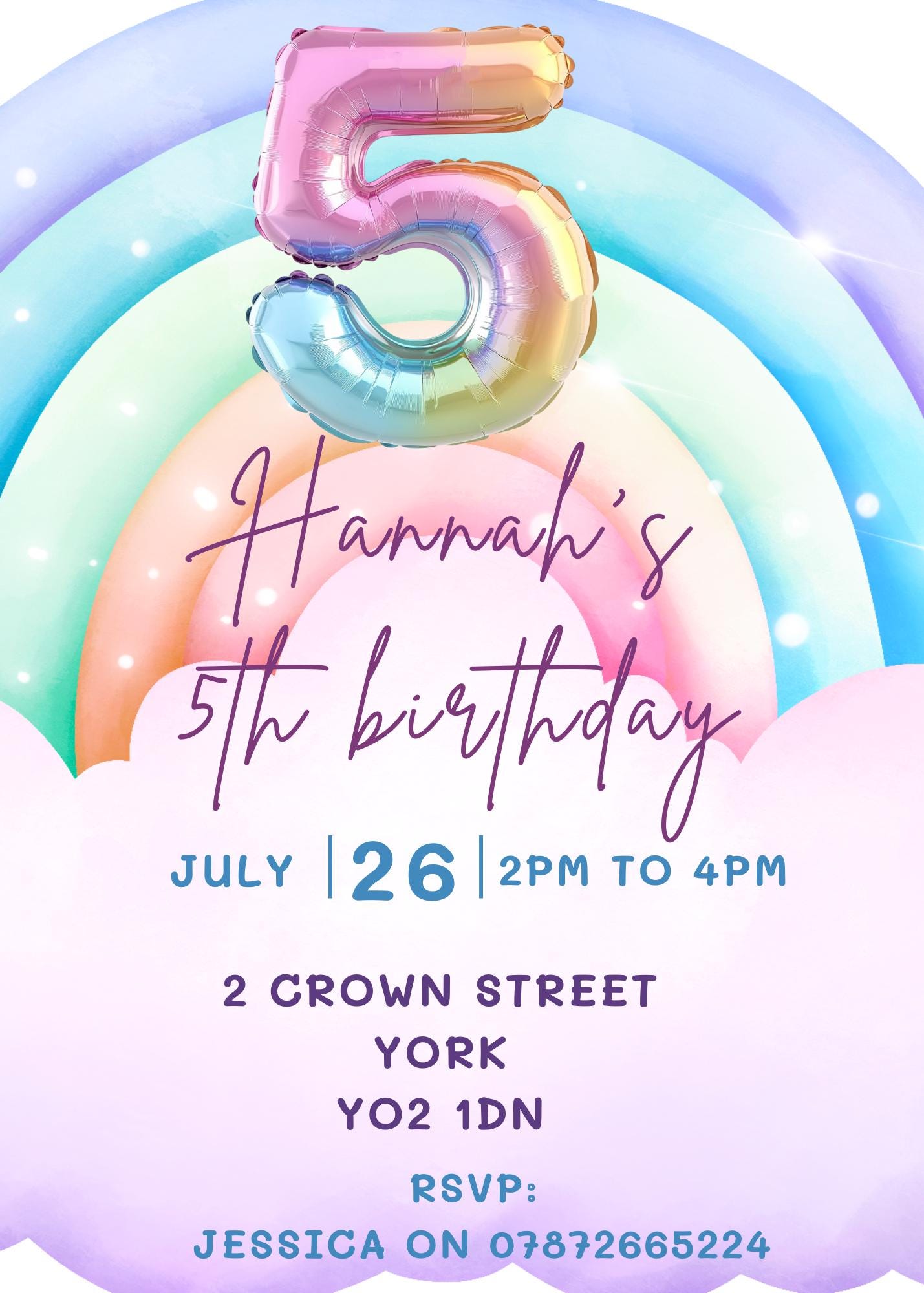 5th Birthday Invitation Girl | Pastel Balloon Party Invite |  Rainbow invite  | Rainbow invite | Cloud invite