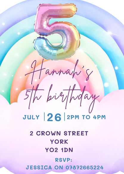 5th Birthday Invitation Girl | Pastel Balloon Party Invite |  Rainbow invite  | Rainbow invite | Cloud invite