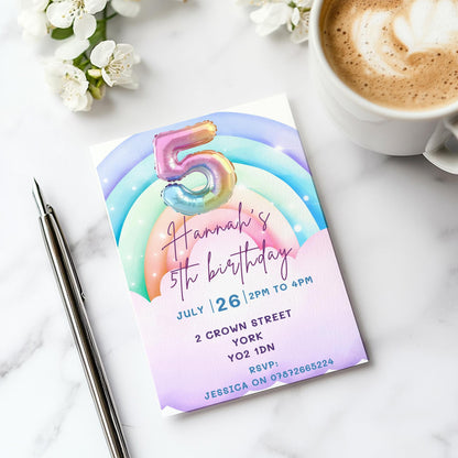5th Birthday Invitation Girl | Pastel Balloon Party Invite |  Rainbow invite  | Rainbow invite | Cloud invite