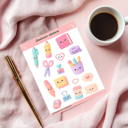 Kawaii Stationery Sticker Sheet, Cute Office Supplies Stickers,  laptop Stickers, Cute Sticker Sheets, Envelope Seals, planner Stickers,