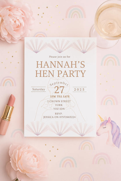Elegant Blush Hen Party Invitation, Bridal Shower Invite, Bridal Shower invite, hen party/Bridal Shower  Envelopes included. PK12
