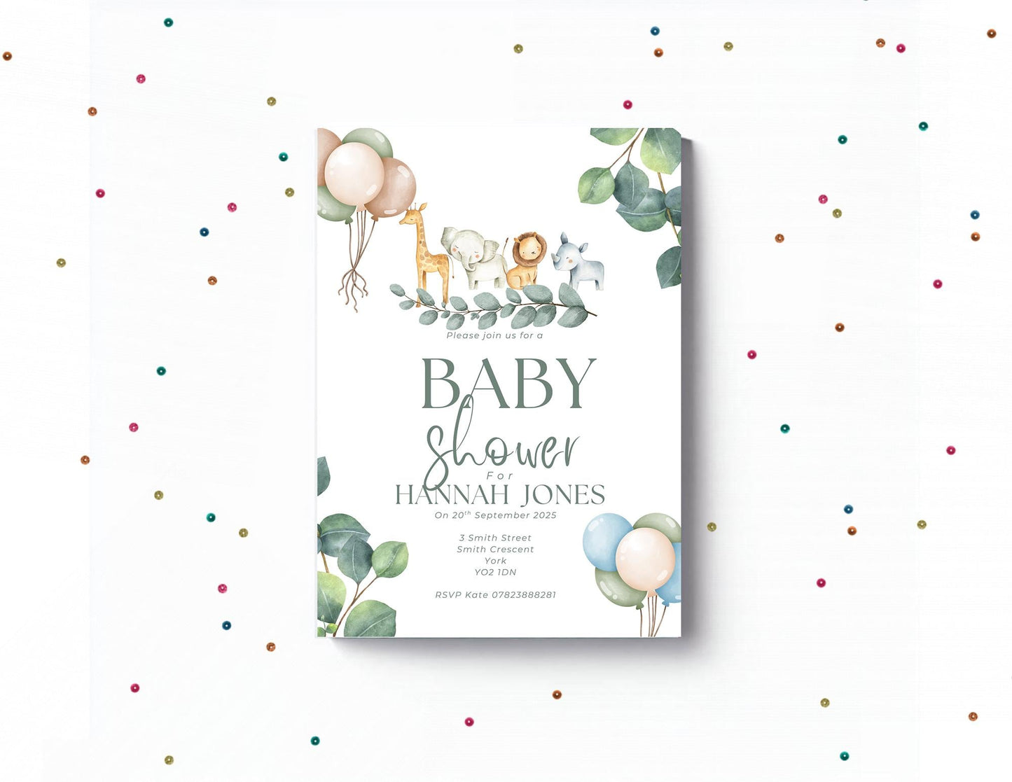 Personalised baby shower party invitations,  Jungle themed,  12 personalised invitations  includes envelopes